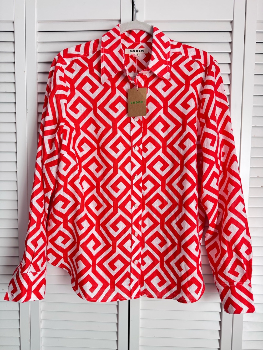 Boden Linen Red Hampstead Button Down Long Sleeve Shirt Geometric Maze 12 NWT - Picture 2 of 8